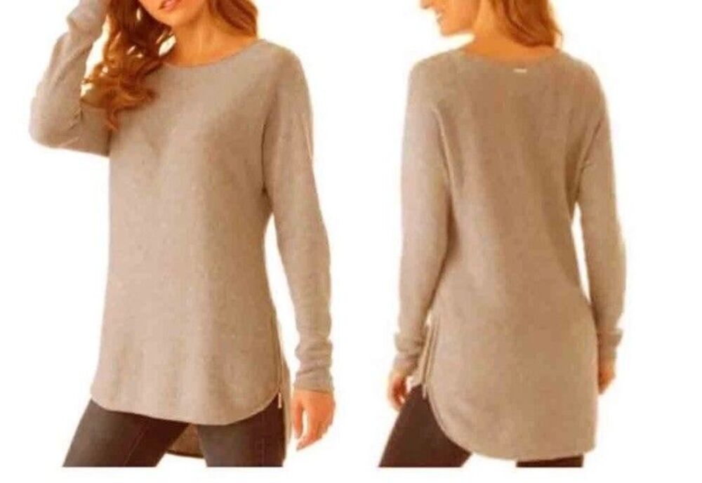 Michael Kors Cozy Brown Sweater Size Large High Low Tunic Side Gold Zippers Knit